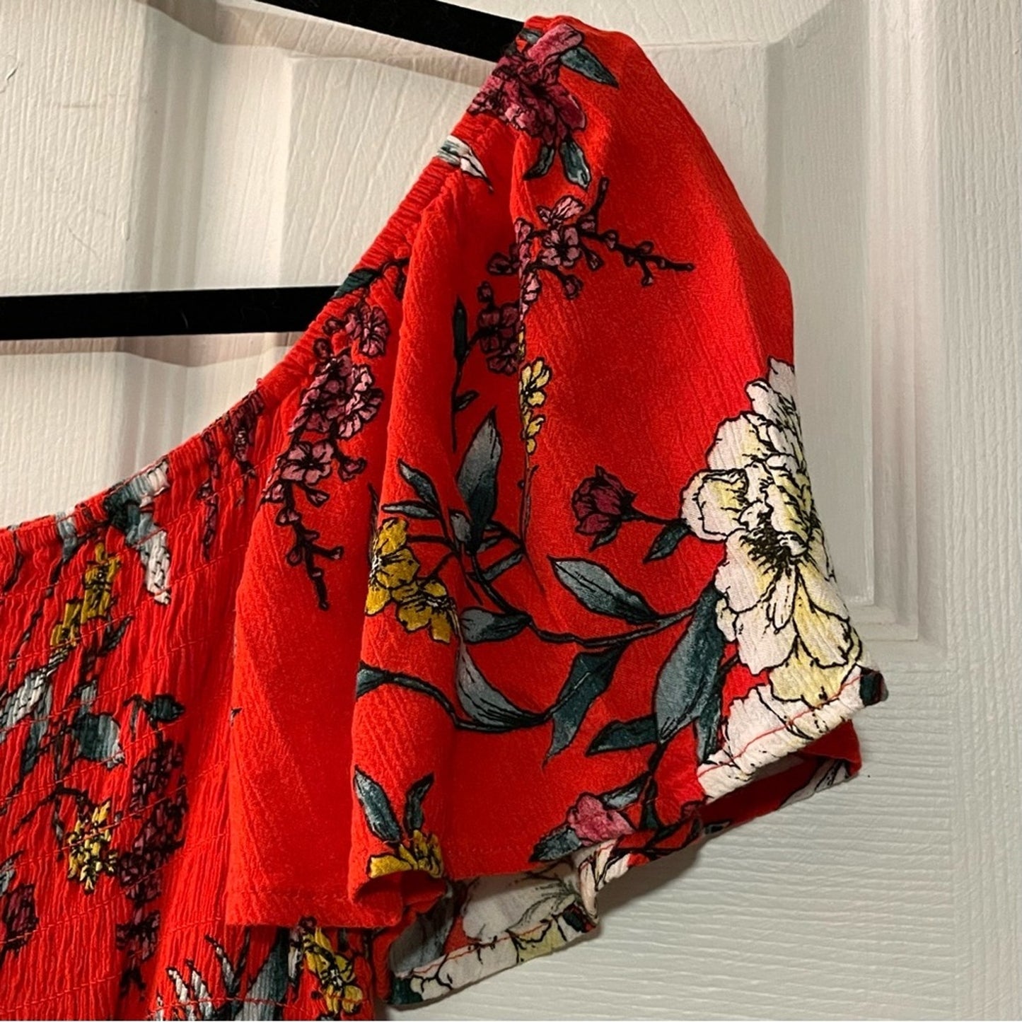 Lily Rose Red Floral Smocked Off Shoulder Romper - Size S
