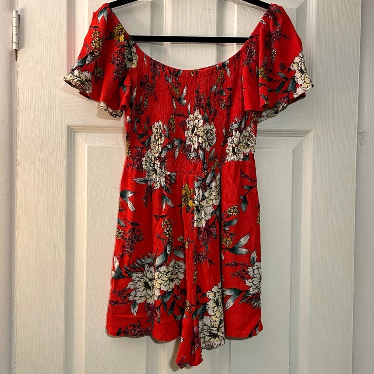 Lily Rose Red Floral Smocked Off Shoulder Romper - Size S