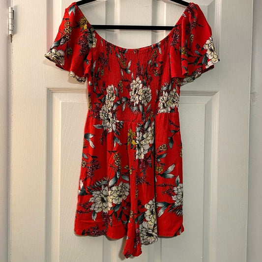Lily Rose Red Floral Smocked Off Shoulder Romper - Size S