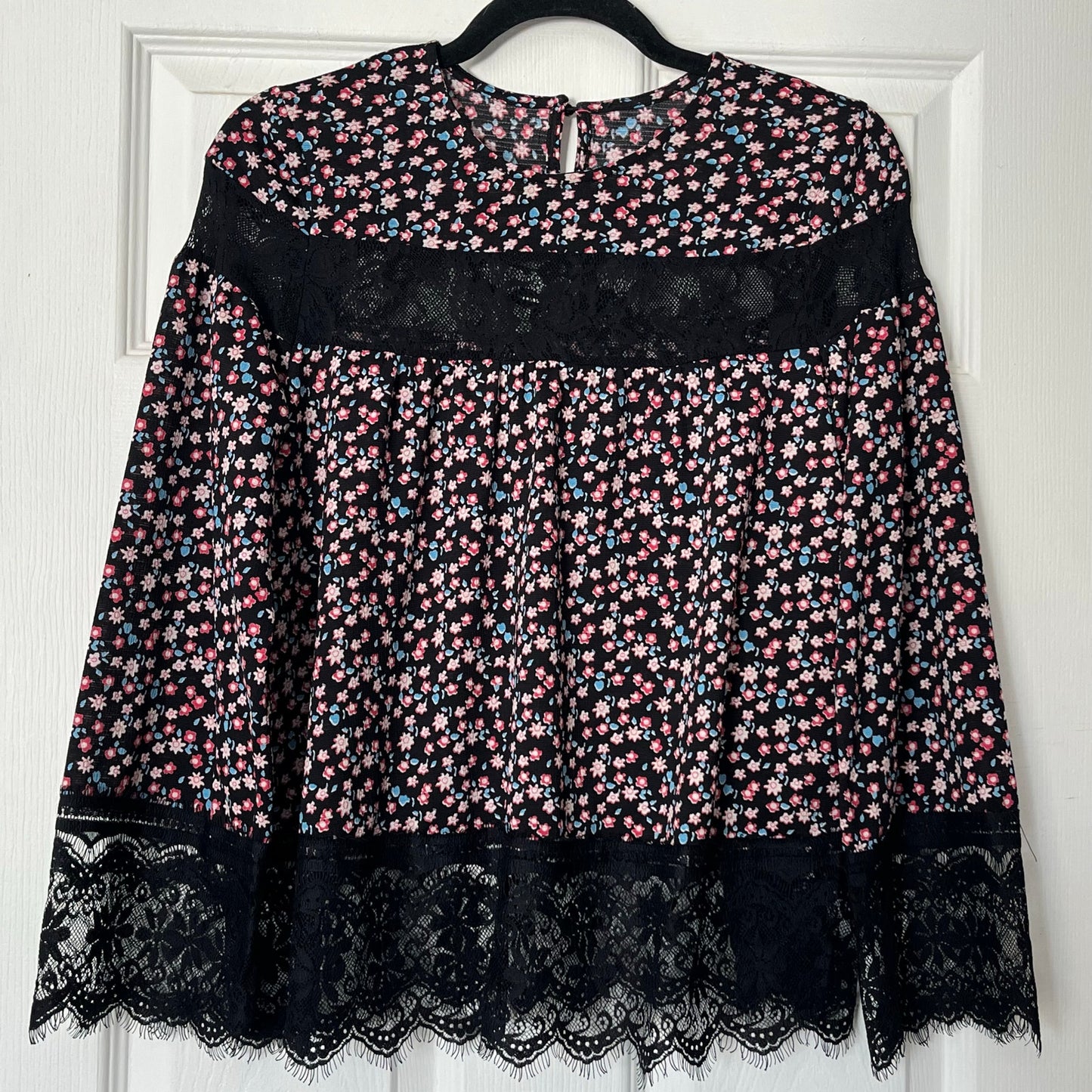 Floral Print Lace Inset Peasant Top - Size UNKNOWN