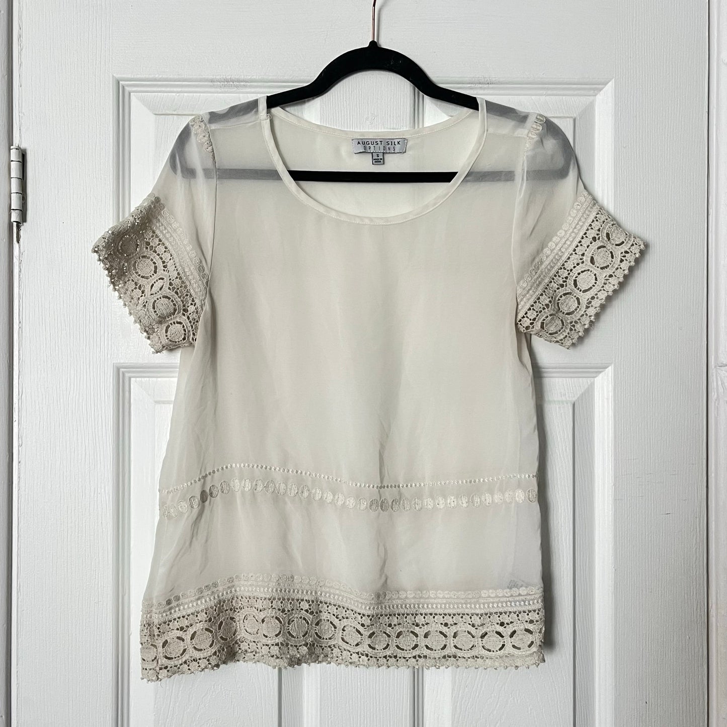 August Silk Options Lace Trim Embroidered Top - Size S