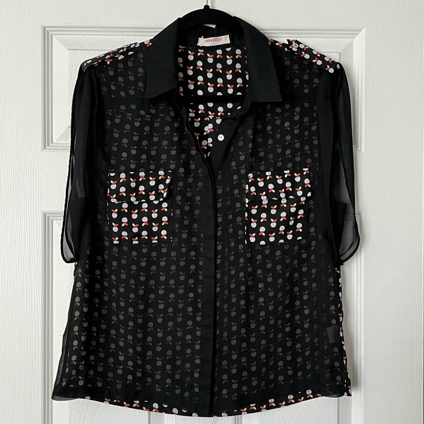 Annabelle Mesh-Front Apple Print Blouse - Size L