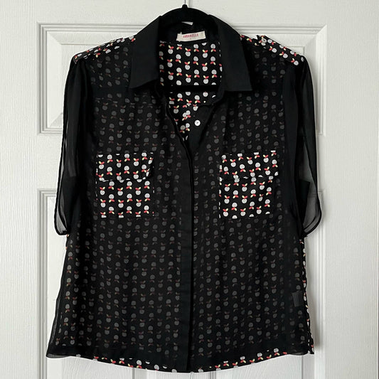 Annabelle Mesh-Front Apple Print Blouse - Size L