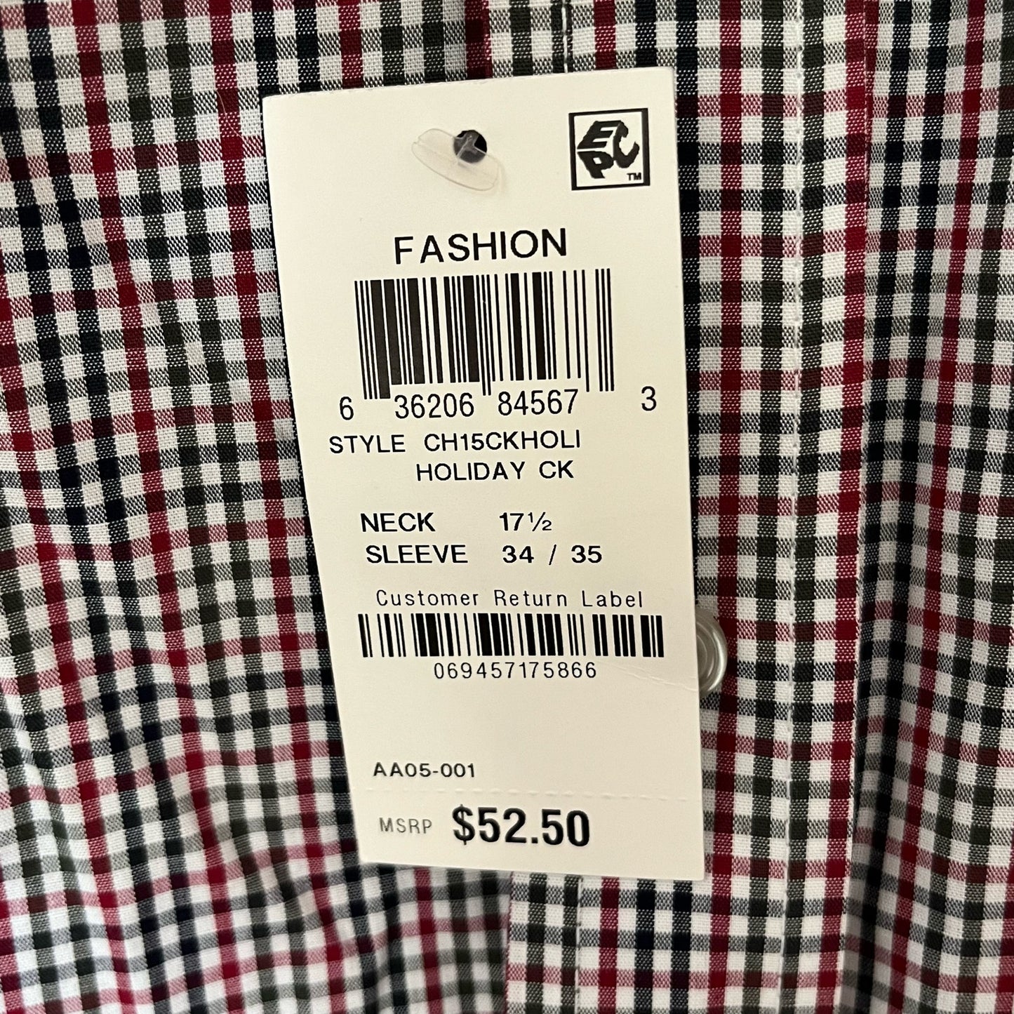 Club Room Regular Fit Plaid Button-Down Shirt - NWT - Size 17 1/2 (34/35)