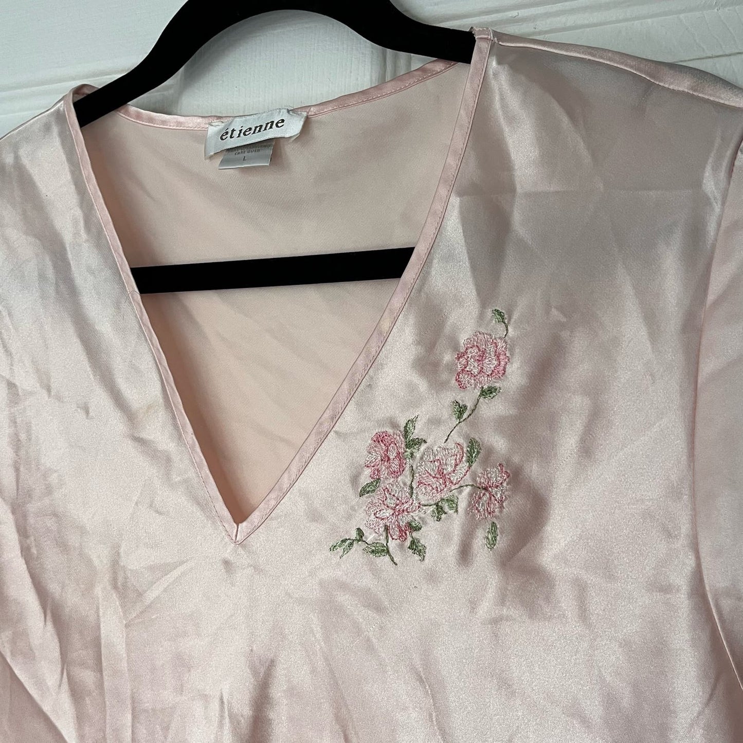 Etienne Rose Embroidered Short Sleeve V-Neck Satin Chemise - Size L