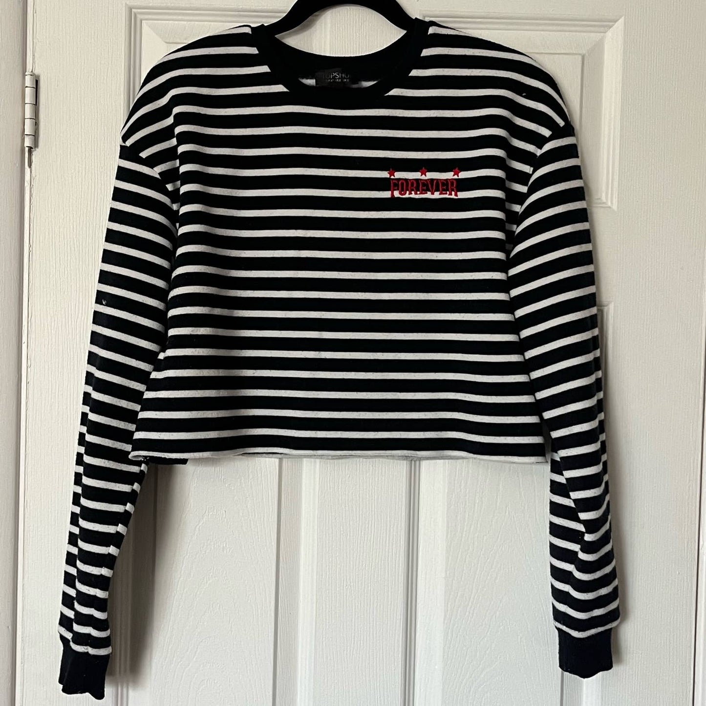 Topshop Striped Cropped 'Forever' Sweatshirt - Size 8