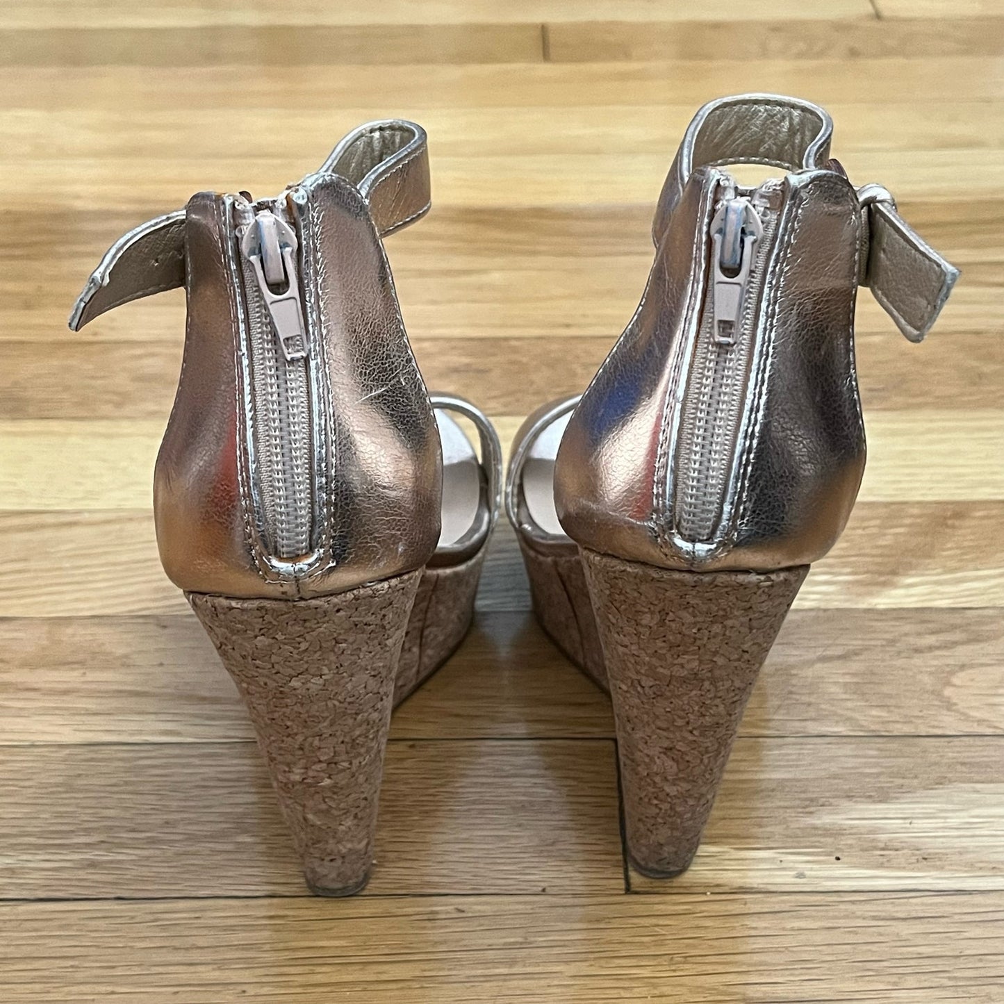Shoedazzle Metallic Cork Wedge Heels - Size 6