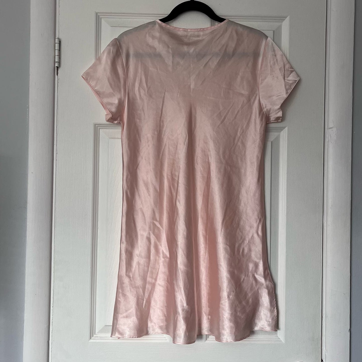 Etienne Rose Embroidered Short Sleeve V-Neck Satin Chemise - Size L