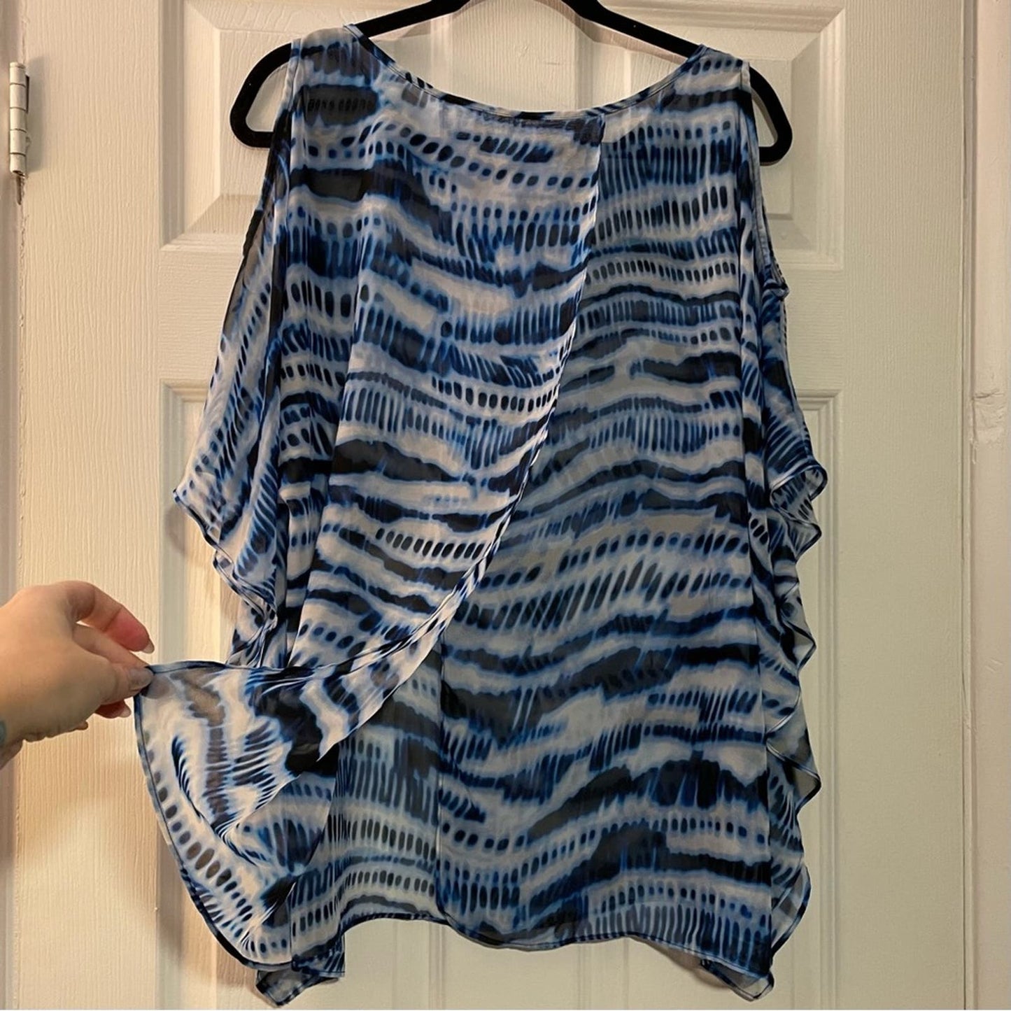 Blue & White Tie-Dye Sheer Open-Shoulder Blouse - Size UNKNOWN