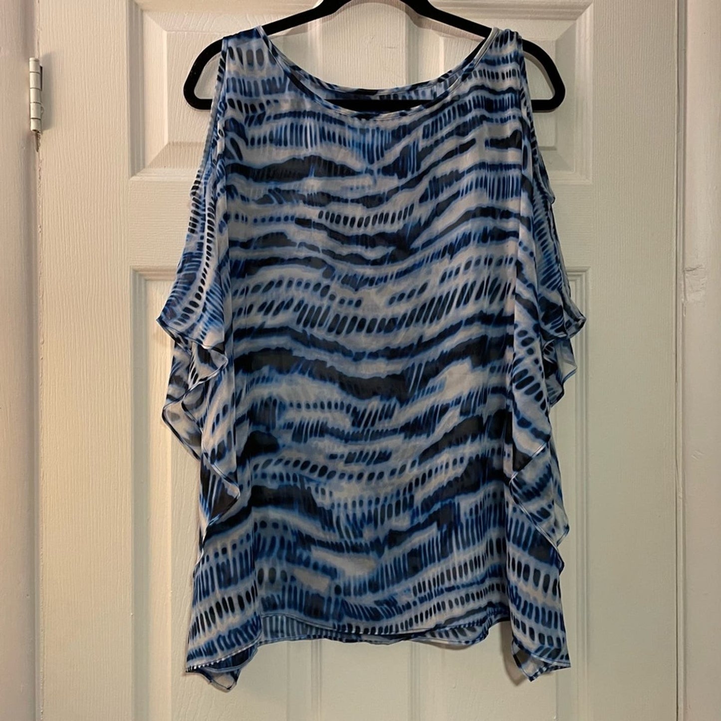 Blue & White Tie-Dye Sheer Open-Shoulder Blouse - Size UNKNOWN