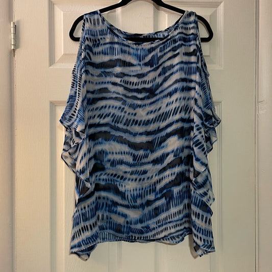 Blue & White Tie-Dye Sheer Open-Shoulder Blouse - Size UNKNOWN