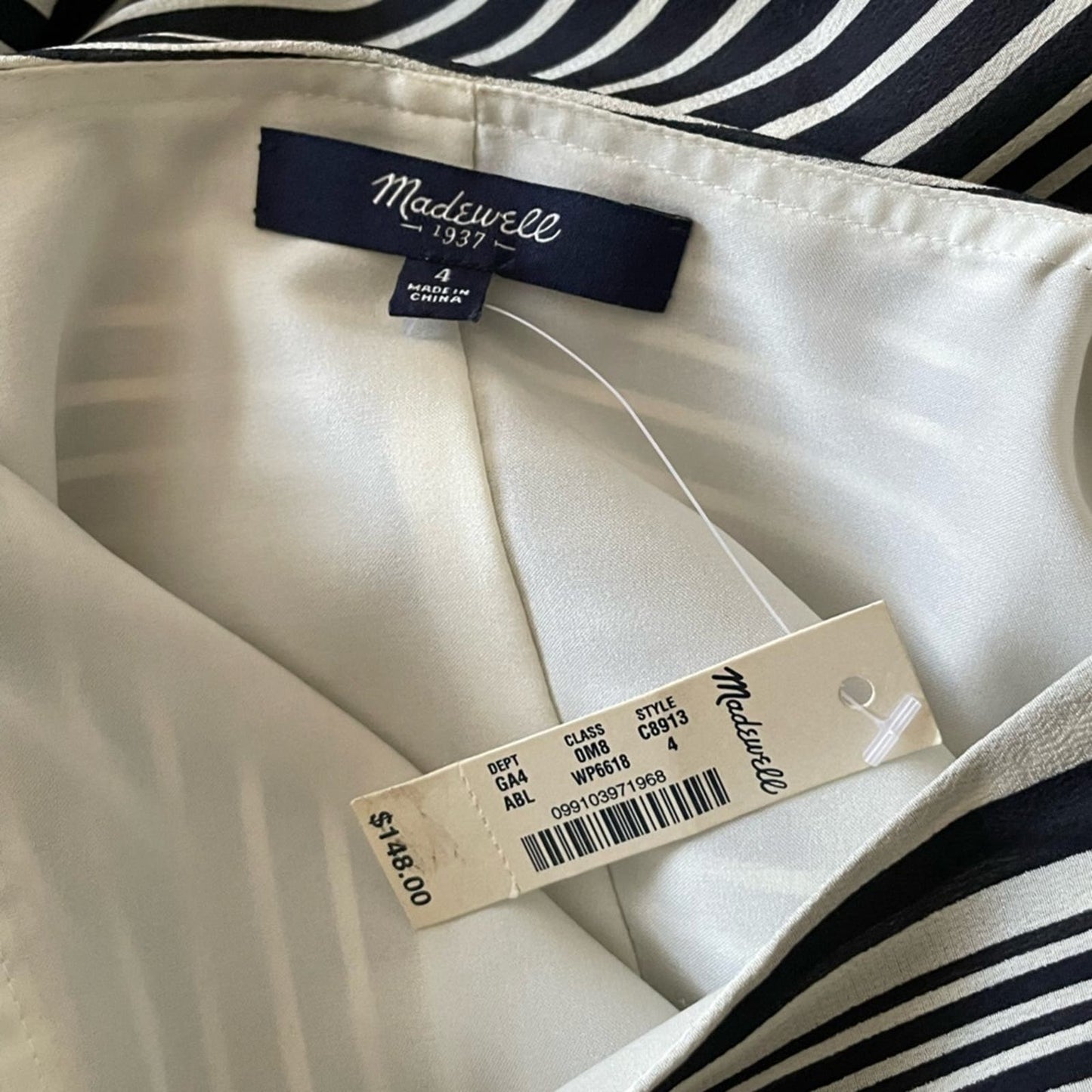 Madewell Women’s Silk Striped Drawstring Waist Dress - Size 4 NWT