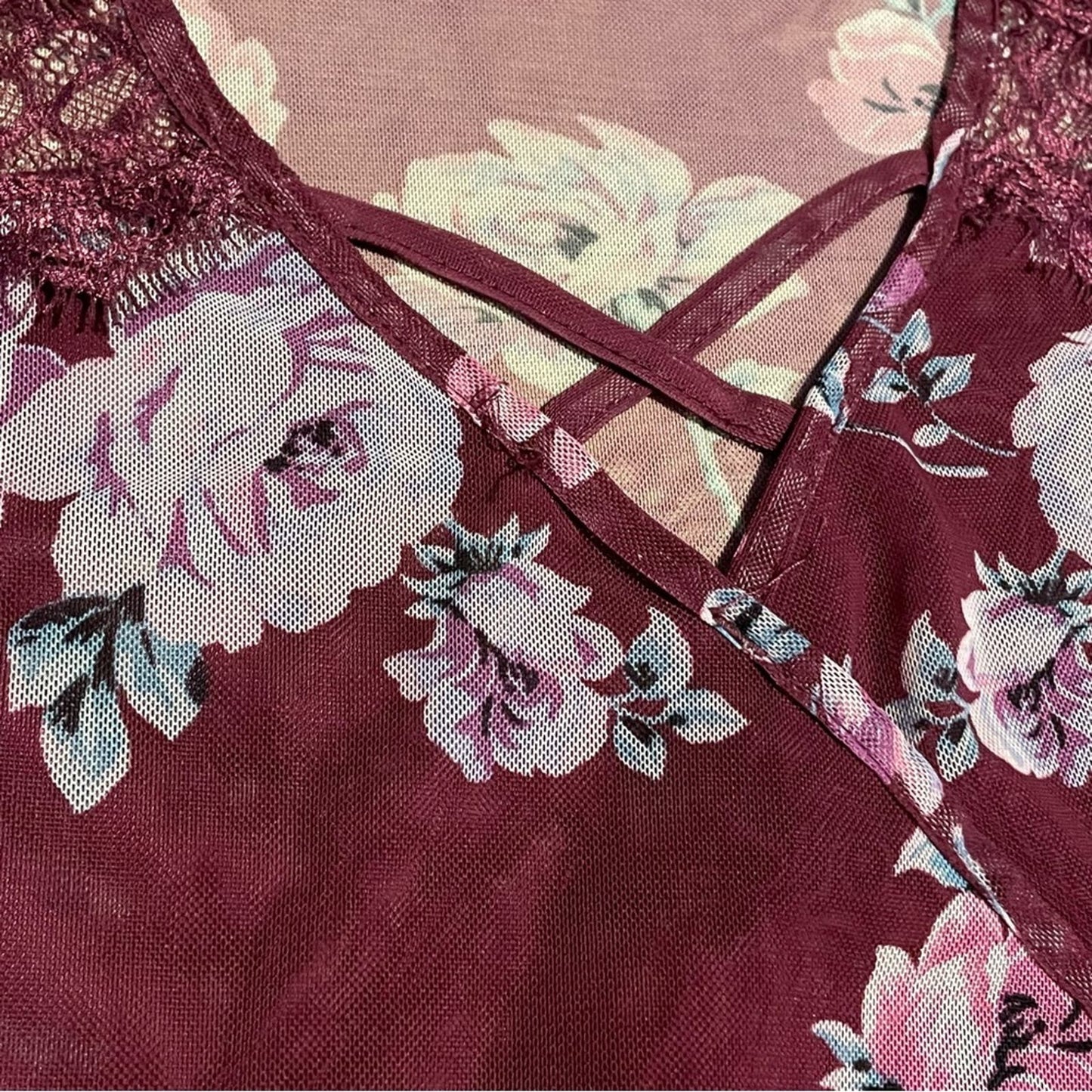No Boundaries Burgundy Floral Mesh Top - Size M
