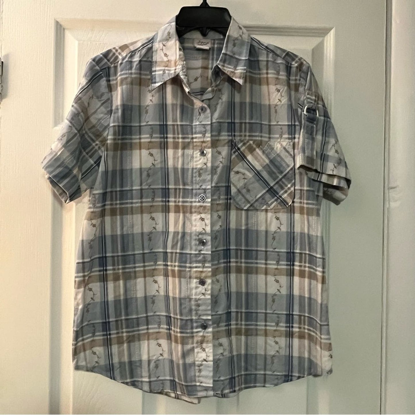 Adrian Delafield Short Sleeve Plaid Button-Down w/Vine Pattern - Size M