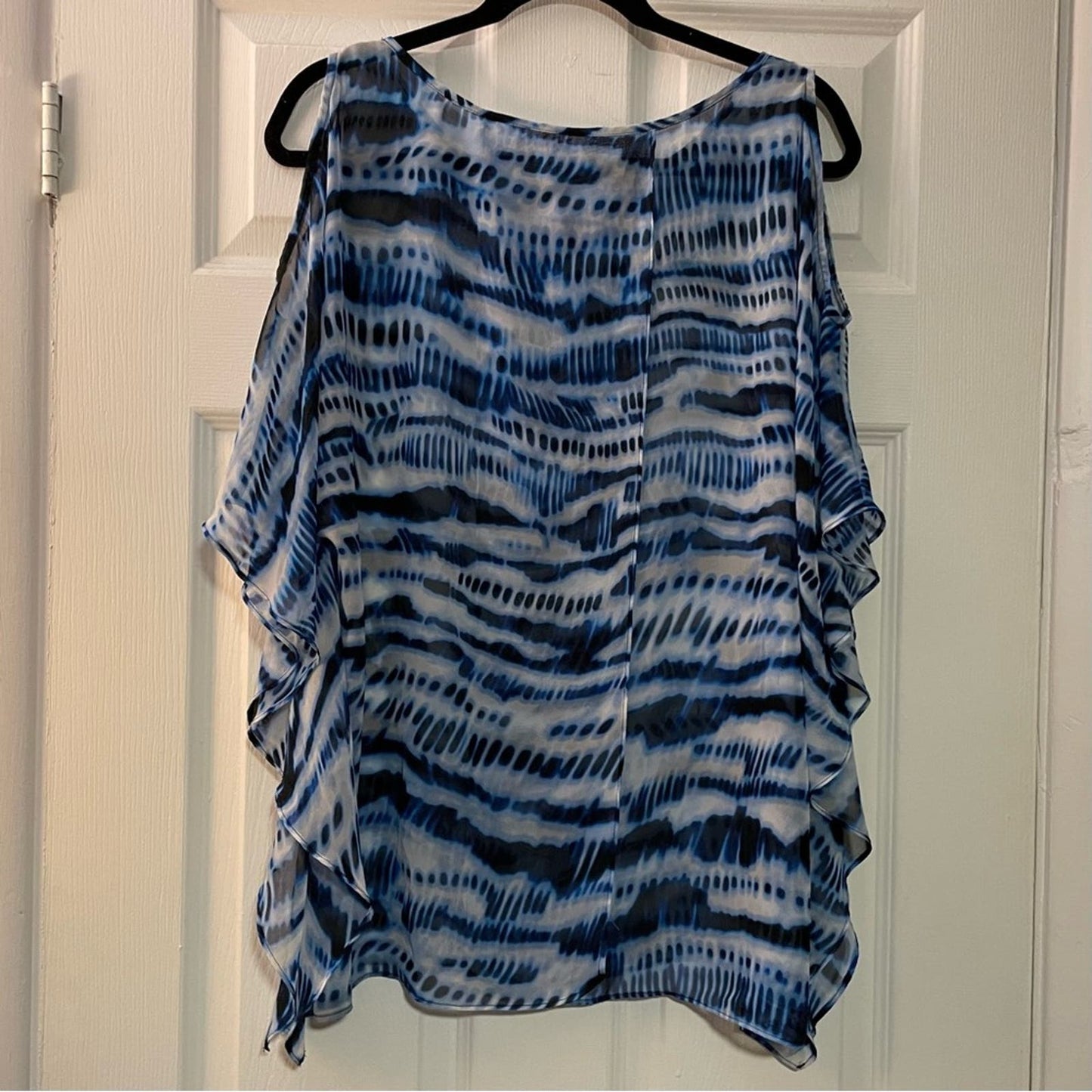 Blue & White Tie-Dye Sheer Open-Shoulder Blouse - Size UNKNOWN