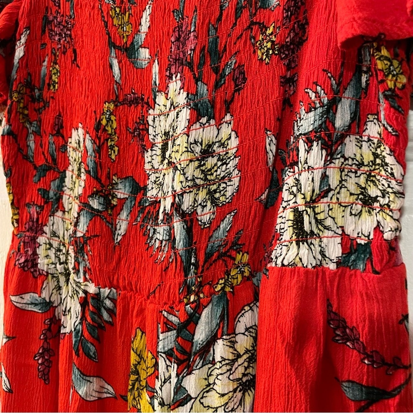Lily Rose Red Floral Smocked Off Shoulder Romper - Size S