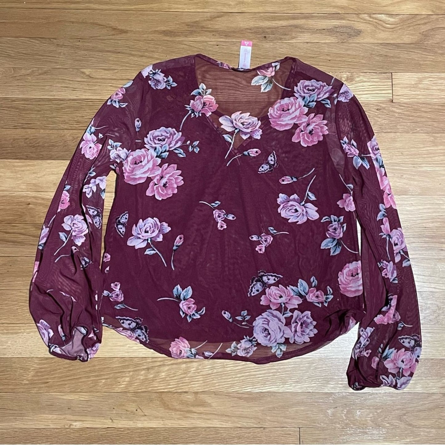 No Boundaries Burgundy Floral Mesh Top - Size M
